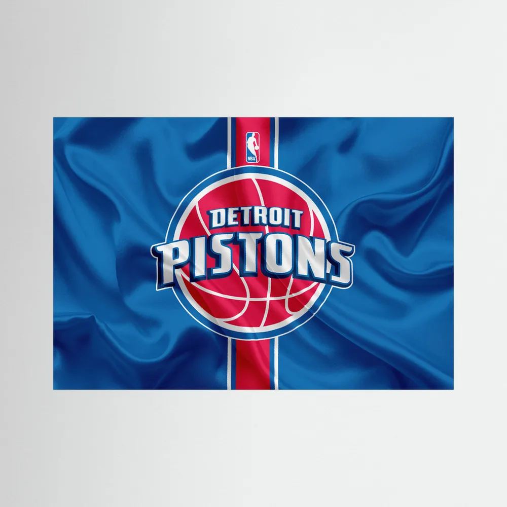 Detroit basketball team logo centred on blue fabric with a vertical red stripe.