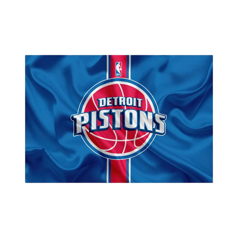 Detroit basketball team logo centred on blue fabric with a vertical red stripe.
