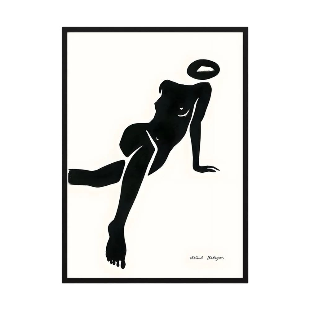Black minimalist silhouette of a seated woman with a floating halo on a cream background, shown in product view 3.