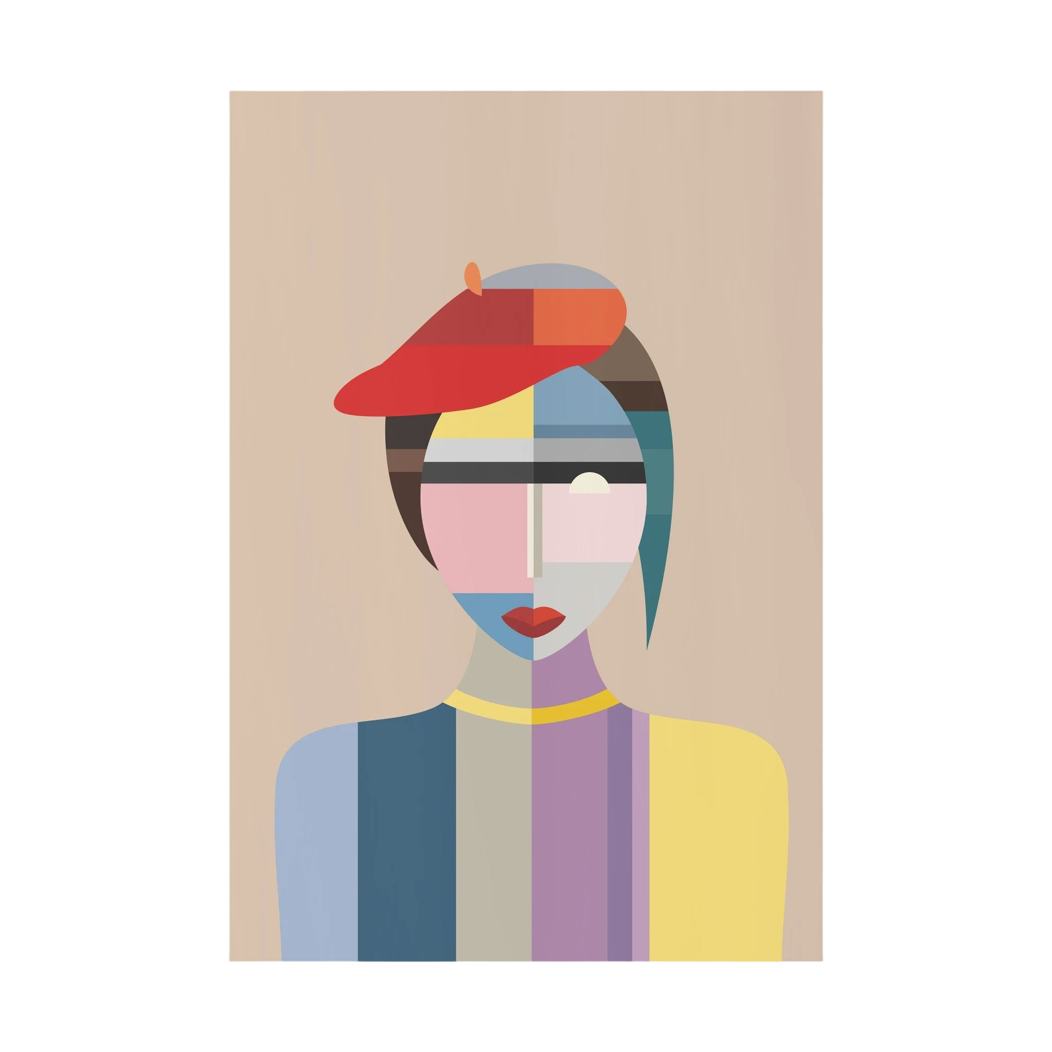 Faceted portrait of a woman in a red beret, composed from soft blue, lavender, beige and yellow blocks.