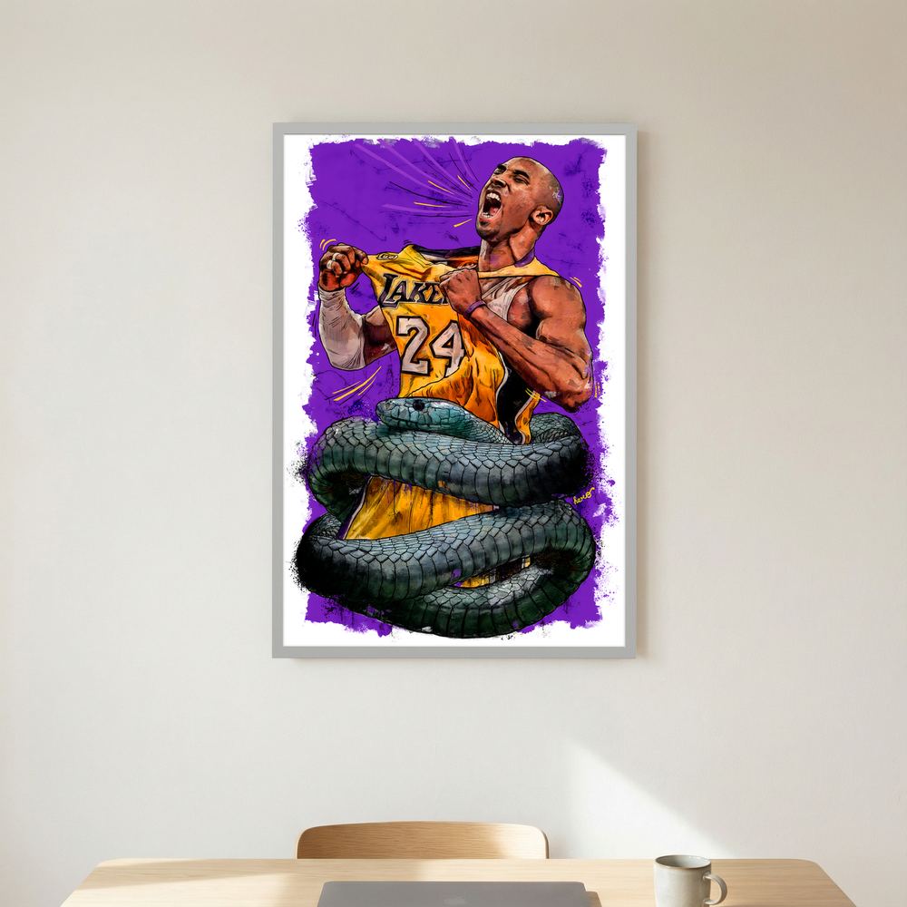 Alternative size view of purple and gold basketball portrait with coiled serpent, shown in a white wooden frame.