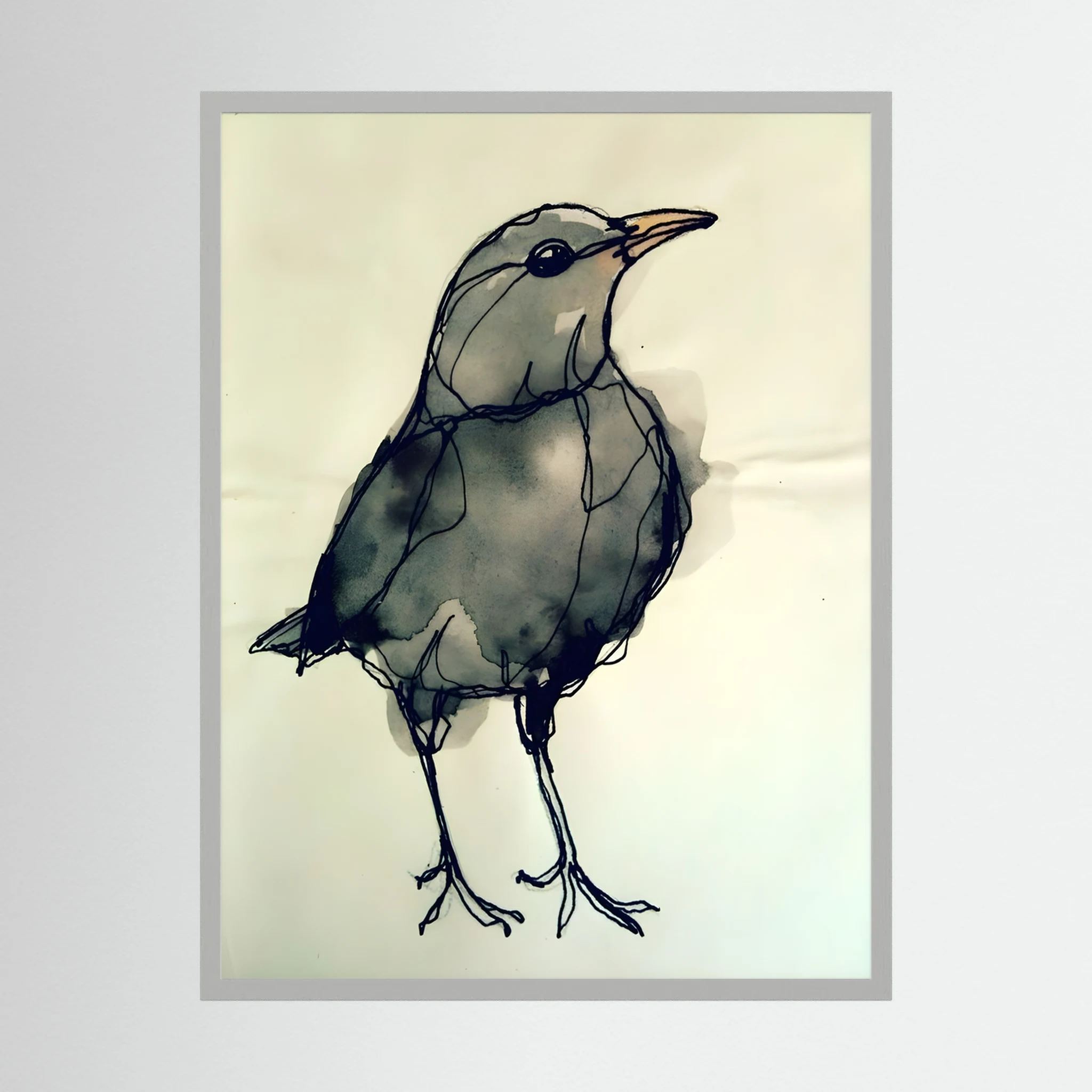 Loose grey and black watercolour study of a small bird standing on a pale background, shown in product view 2.