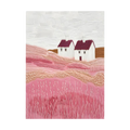 Two white cottages across softly textured pink fields.