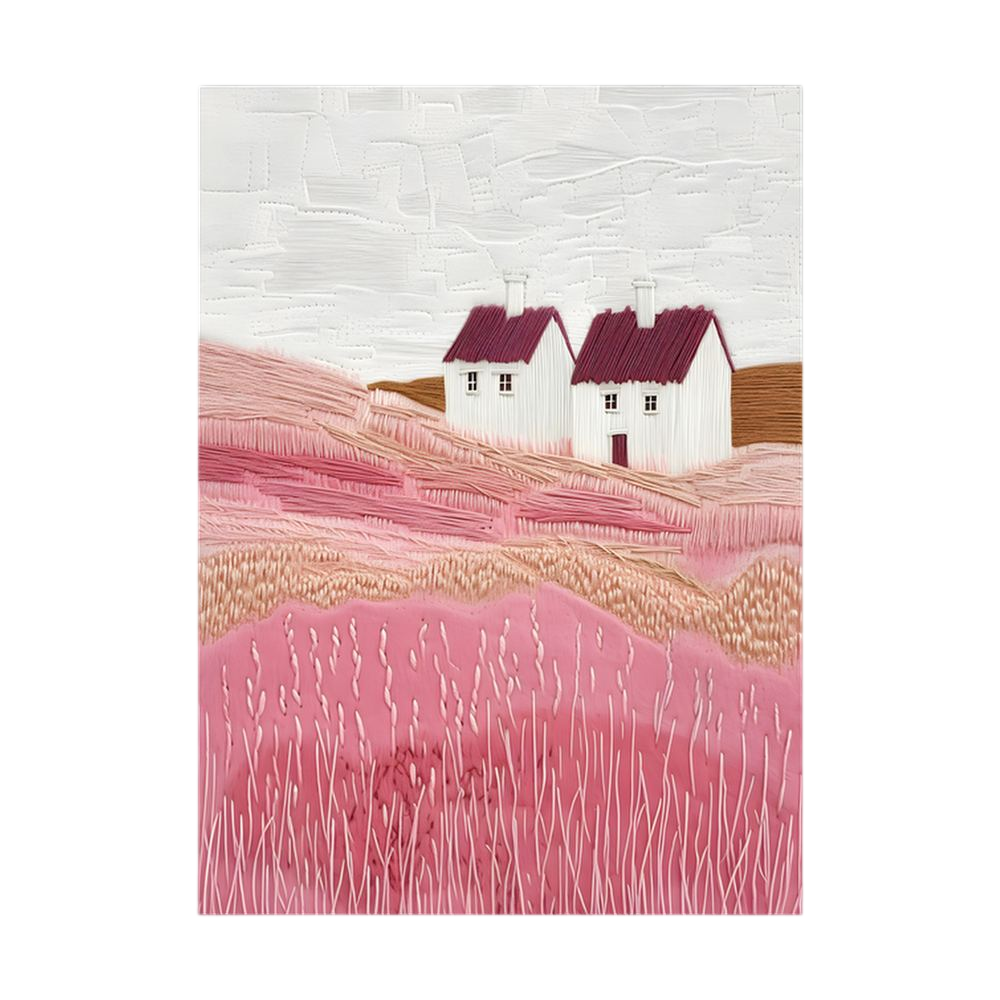 Two white cottages across softly textured pink fields.