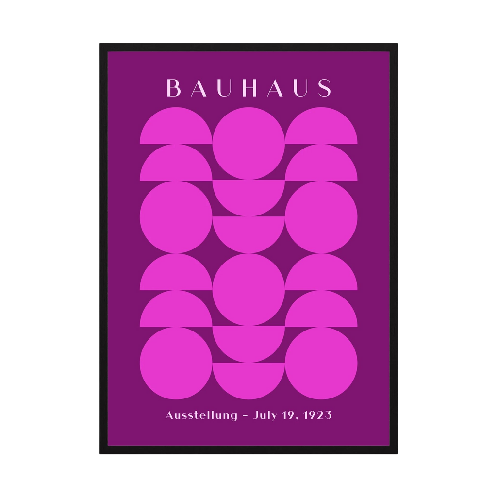 Purple Bauhaus poster with repeated pink circles and semicircles.