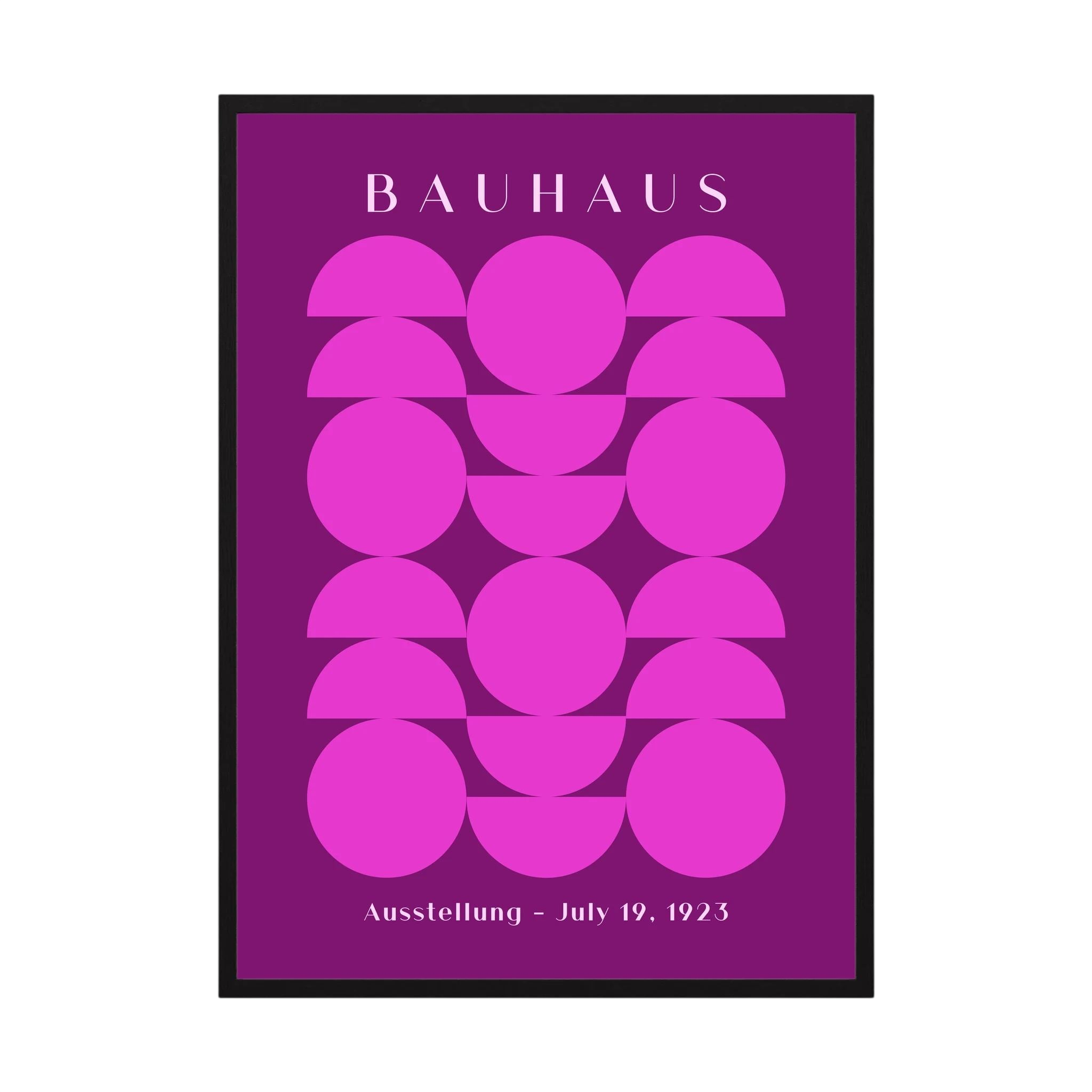 Purple Bauhaus poster with repeated pink circles and semicircles.