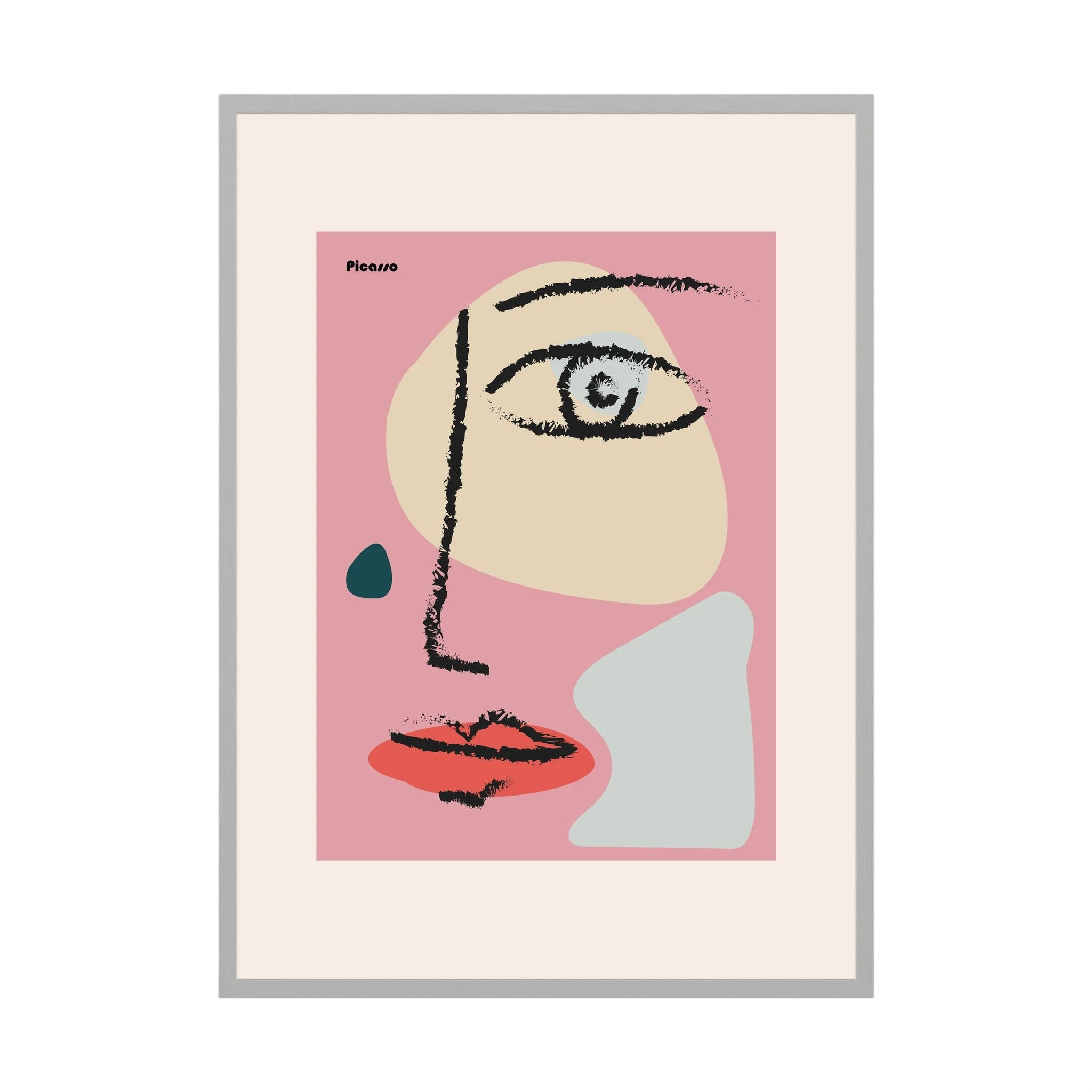 Black brush lines define one eye and red lips against blush pink, cream, pale blue and teal shapes, shown in product view 2.