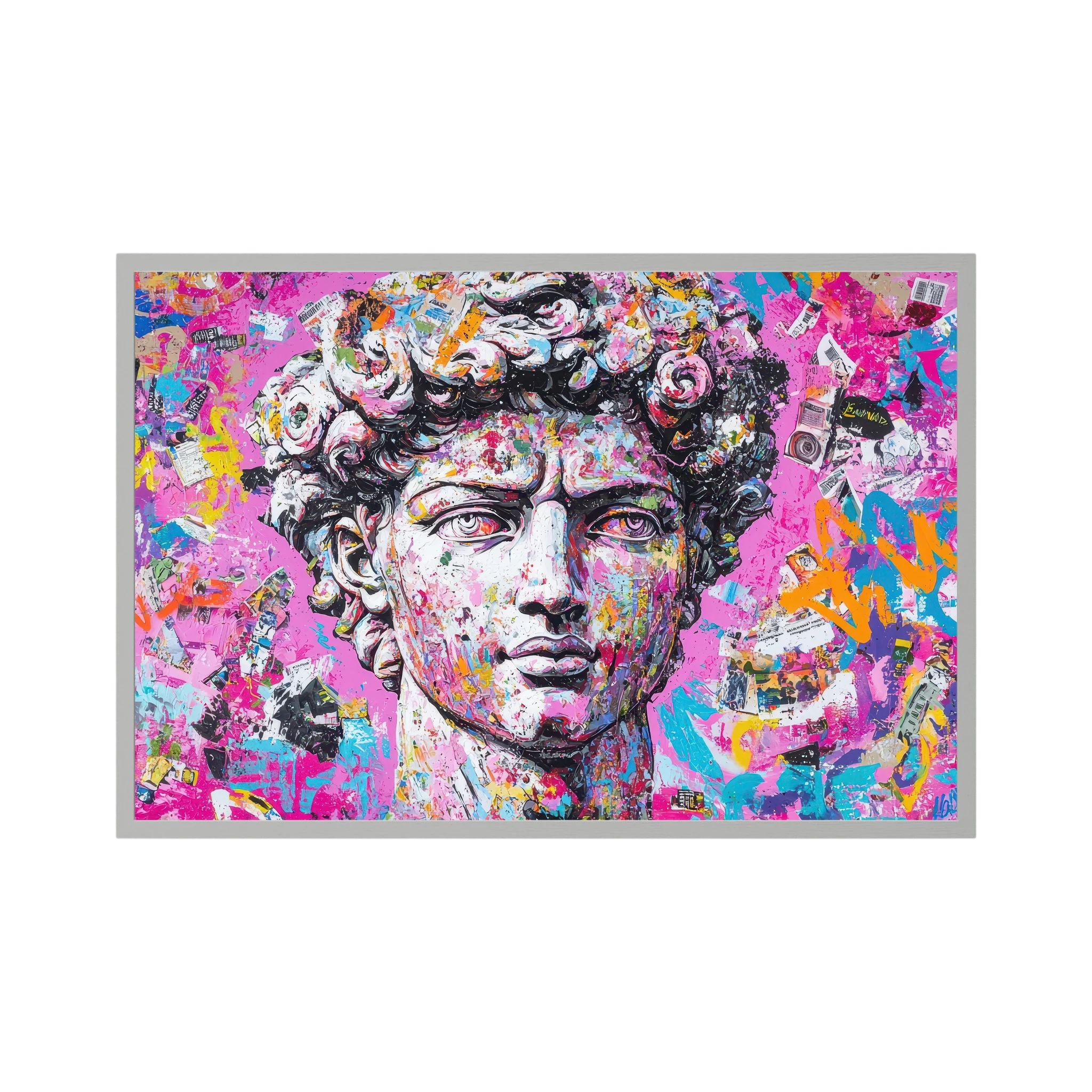 Classical David portrait transformed with layered collage textures and vivid pink, blue, orange and black paint, shown in product view 2.