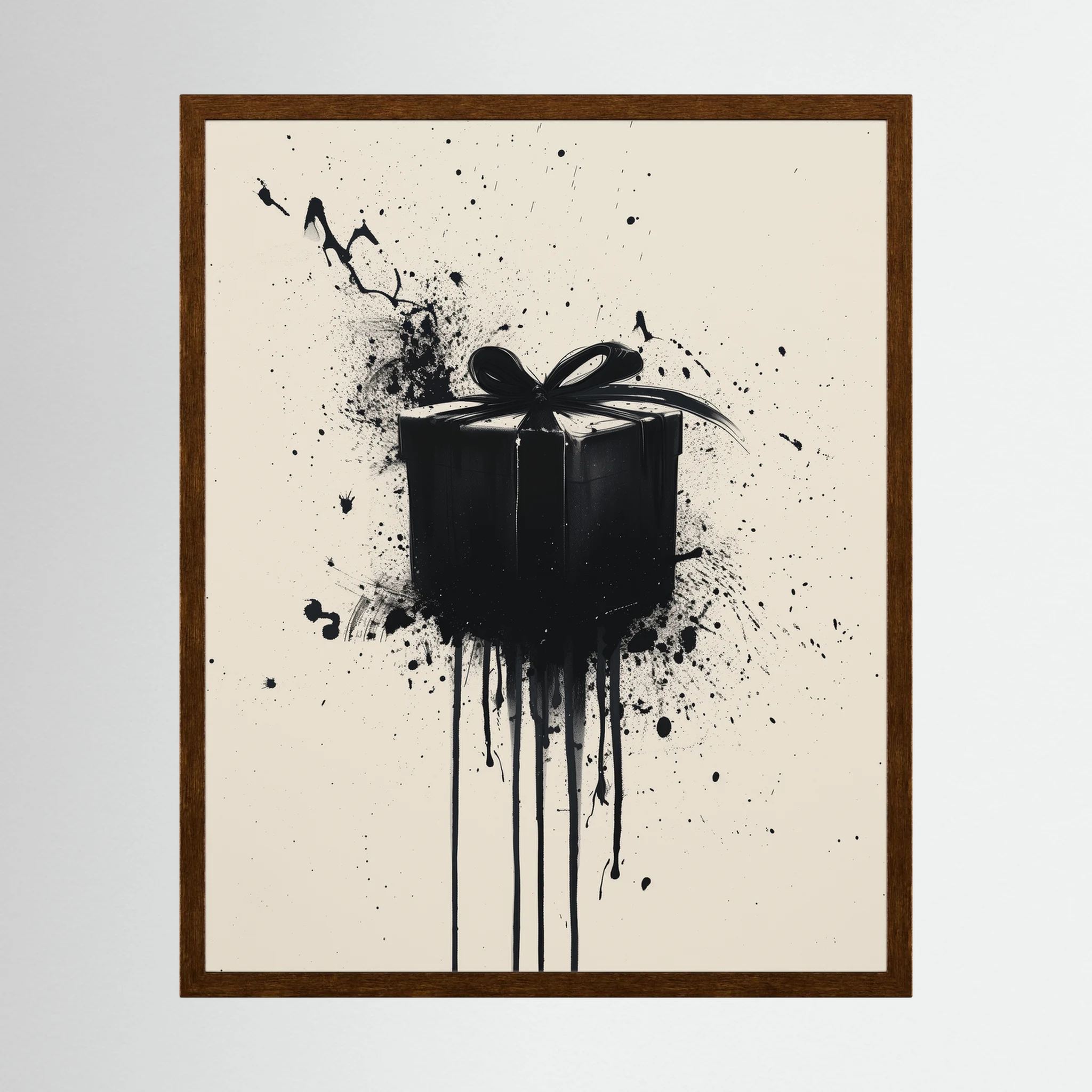 Black gift box with ribbon surrounded by expressive paint splashes on a cream background, shown in product view 3.