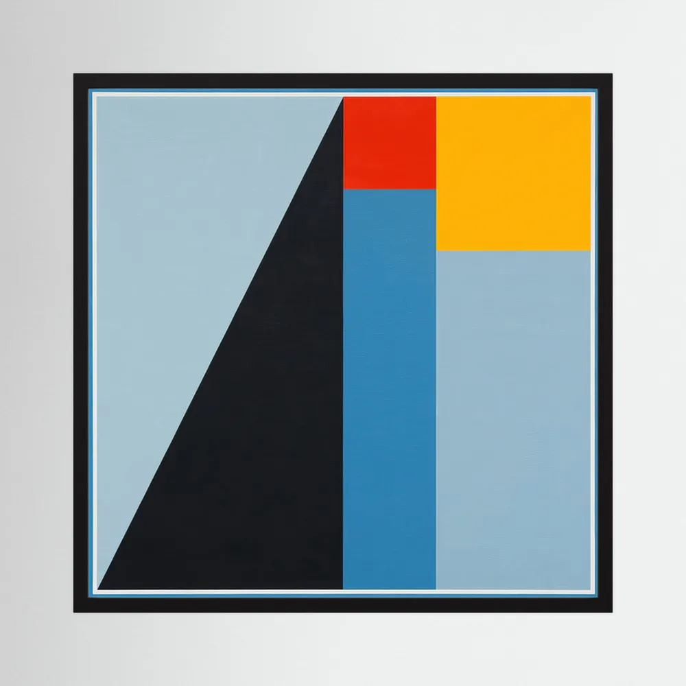 Pale blue, navy, yellow and red geometric planes form a strong ascending abstract composition, shown in product view 4.