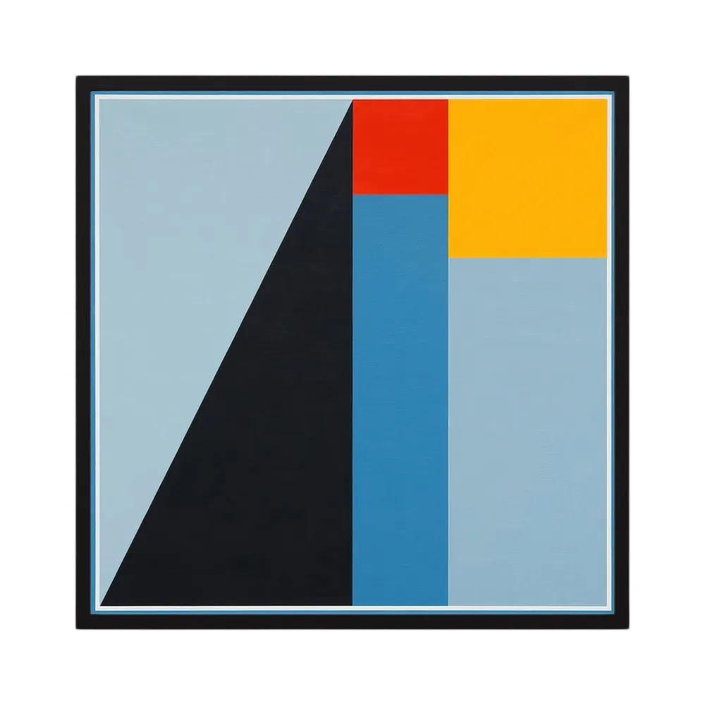 Pale blue, navy, yellow and red geometric planes form a strong ascending abstract composition, shown in product view 4.