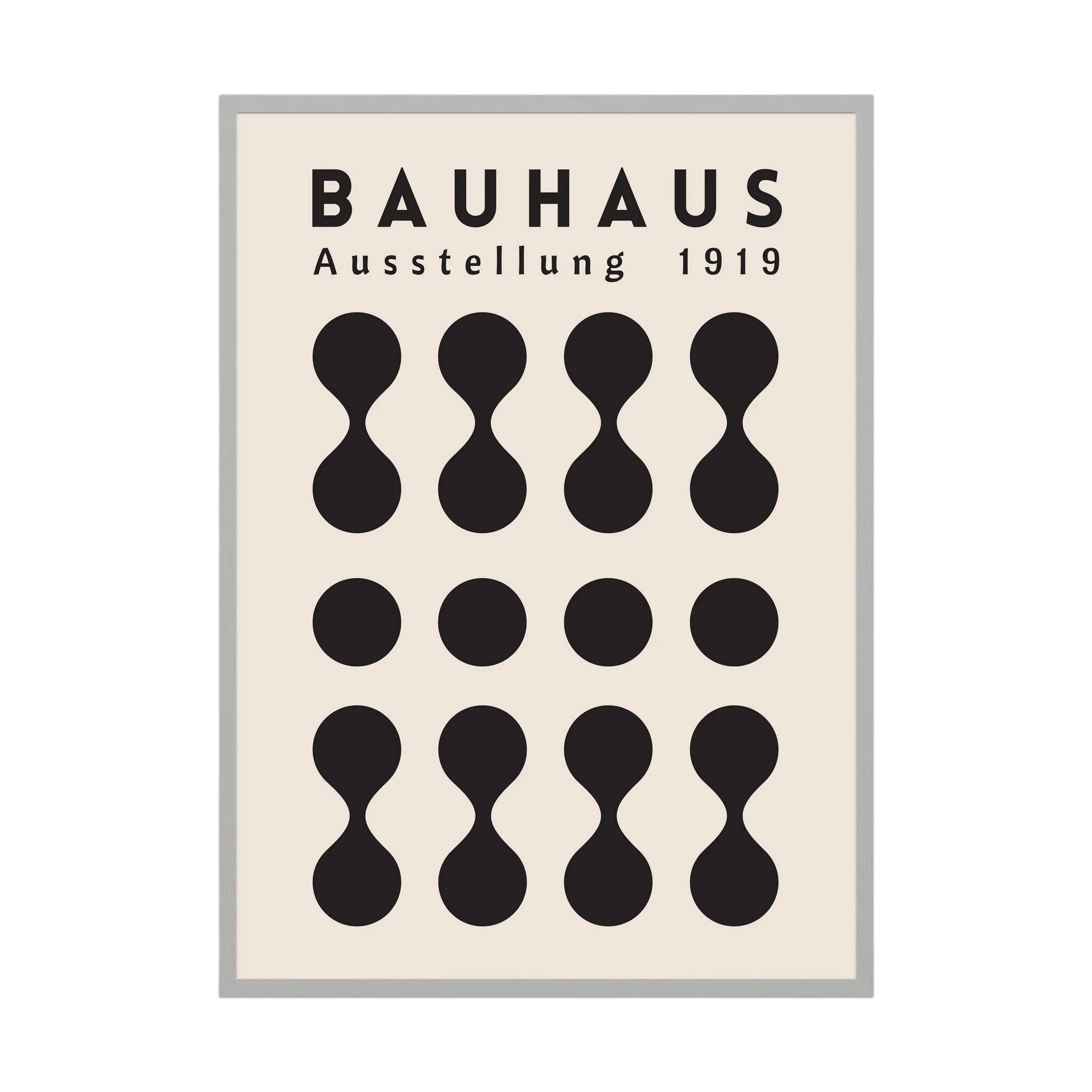 Black Bauhaus poster with repeating circles and hourglass geometric forms on cream.