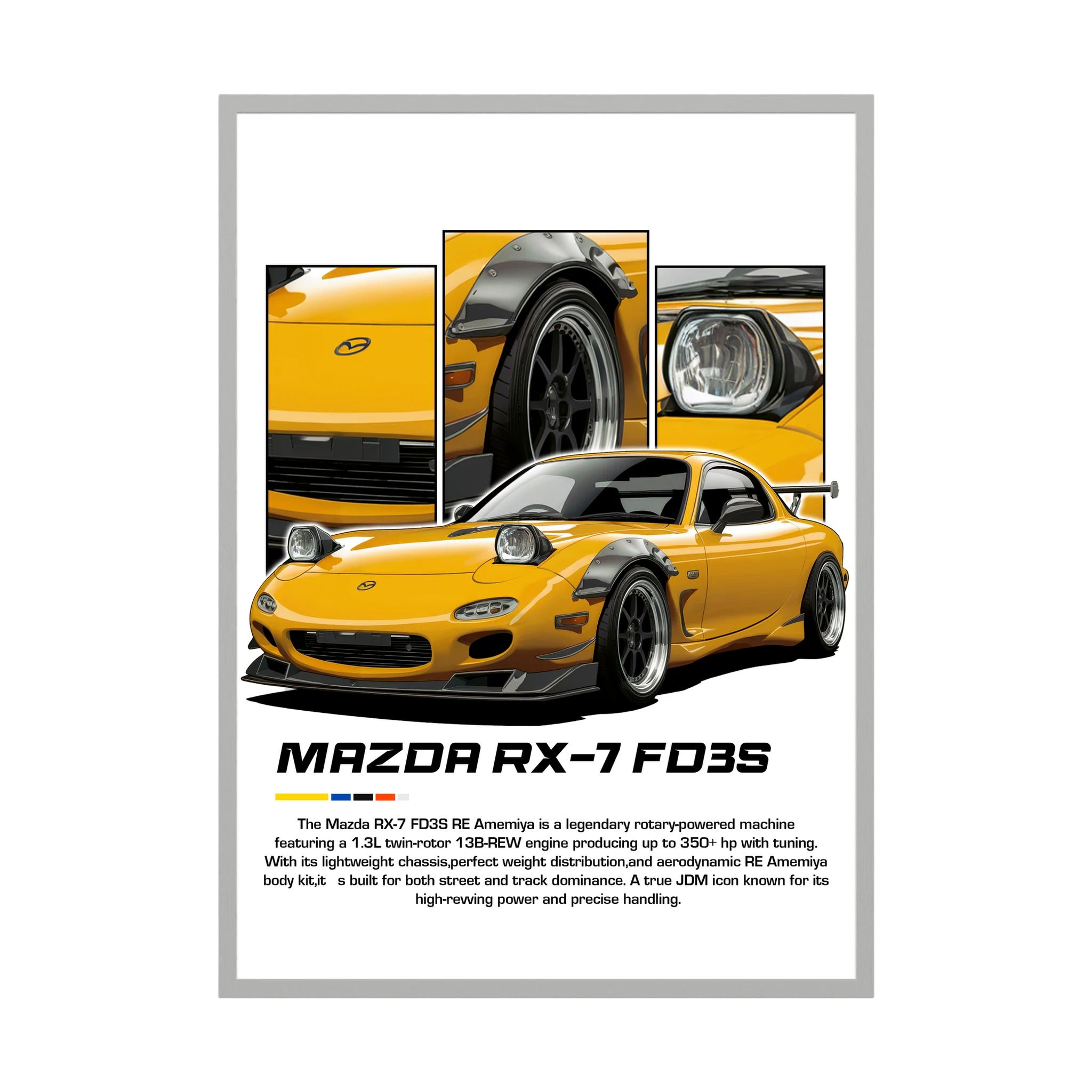 Yellow Mazda RX-7 FD3S illustration with pop-up headlights and close-up panels.