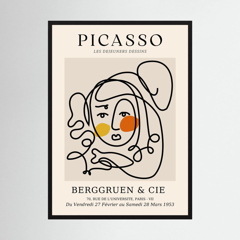 Loose black contour lines form a woman's face with warm yellow and orange circular accents, shown in product view 5.