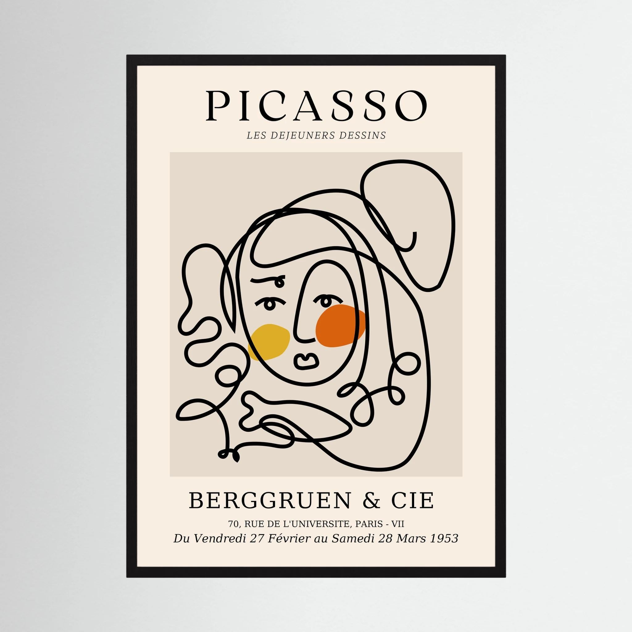 Loose black contour lines form a woman's face with warm yellow and orange circular accents, shown in product view 5.