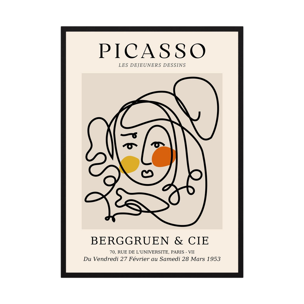 Loose black contour lines form a woman's face with warm yellow and orange circular accents, shown in product view 5.