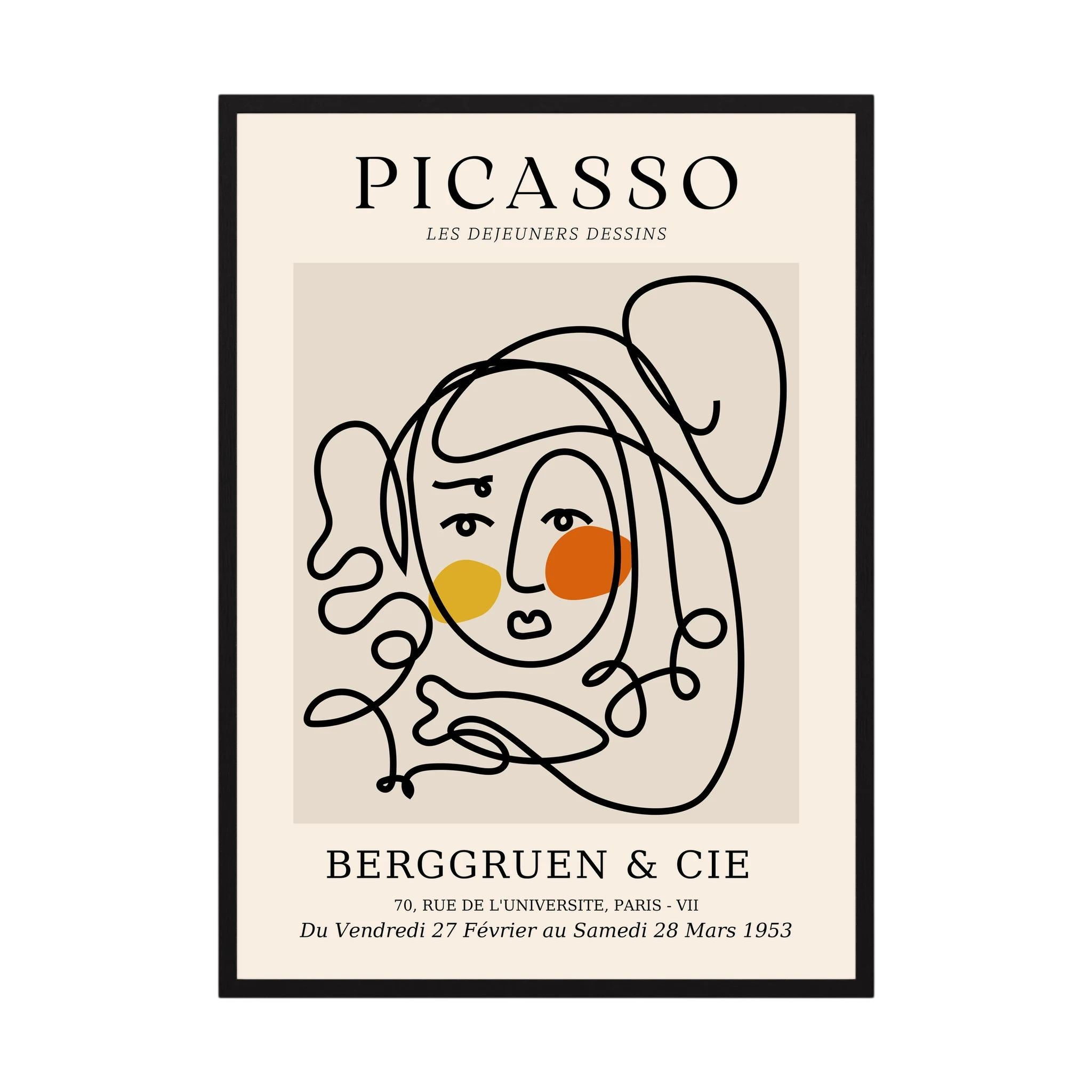 Loose black contour lines form a woman's face with warm yellow and orange circular accents, shown in product view 5.