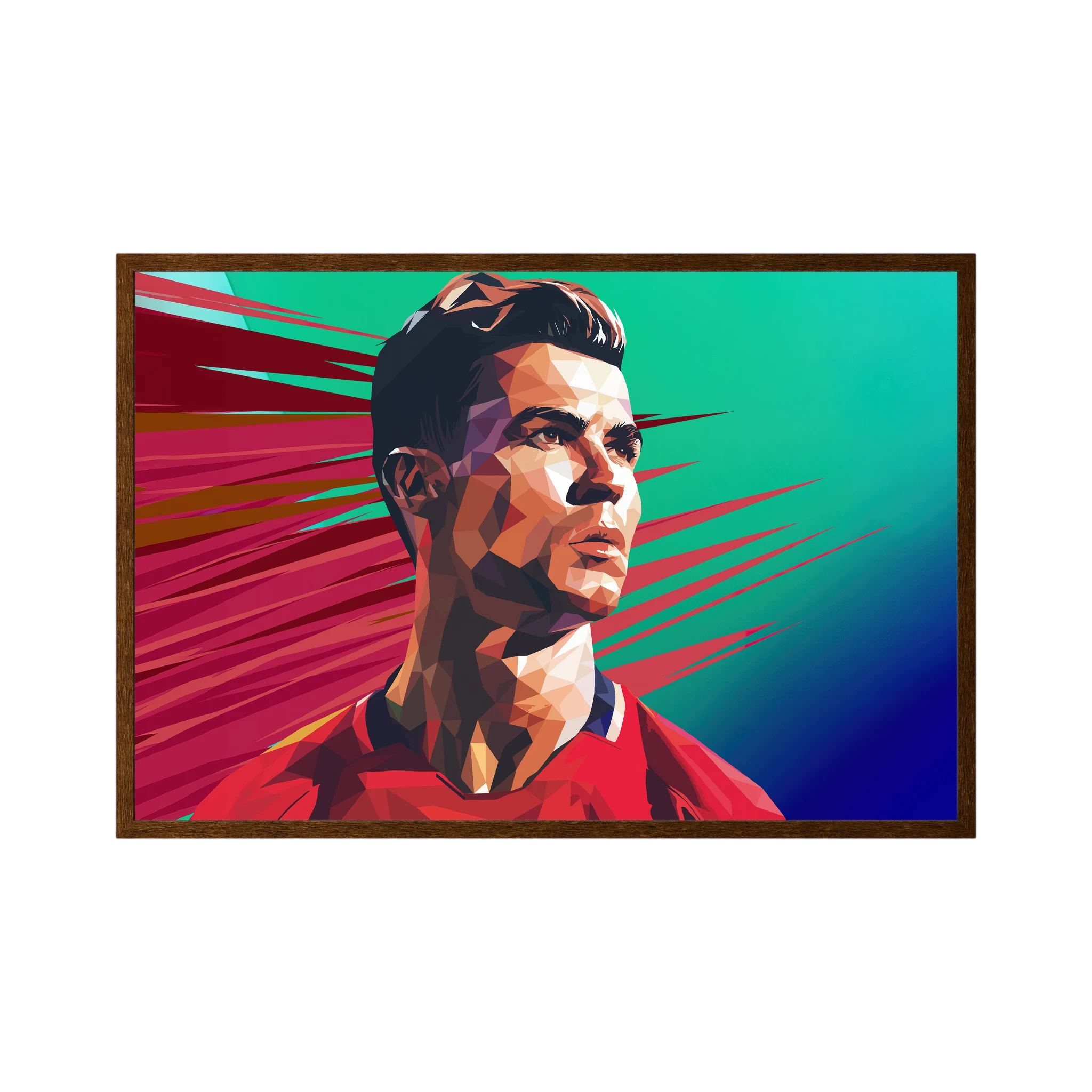 Geometric portrait of Cristiano Ronaldo in red against a green and burgundy speed-line background, shown in product view 3.