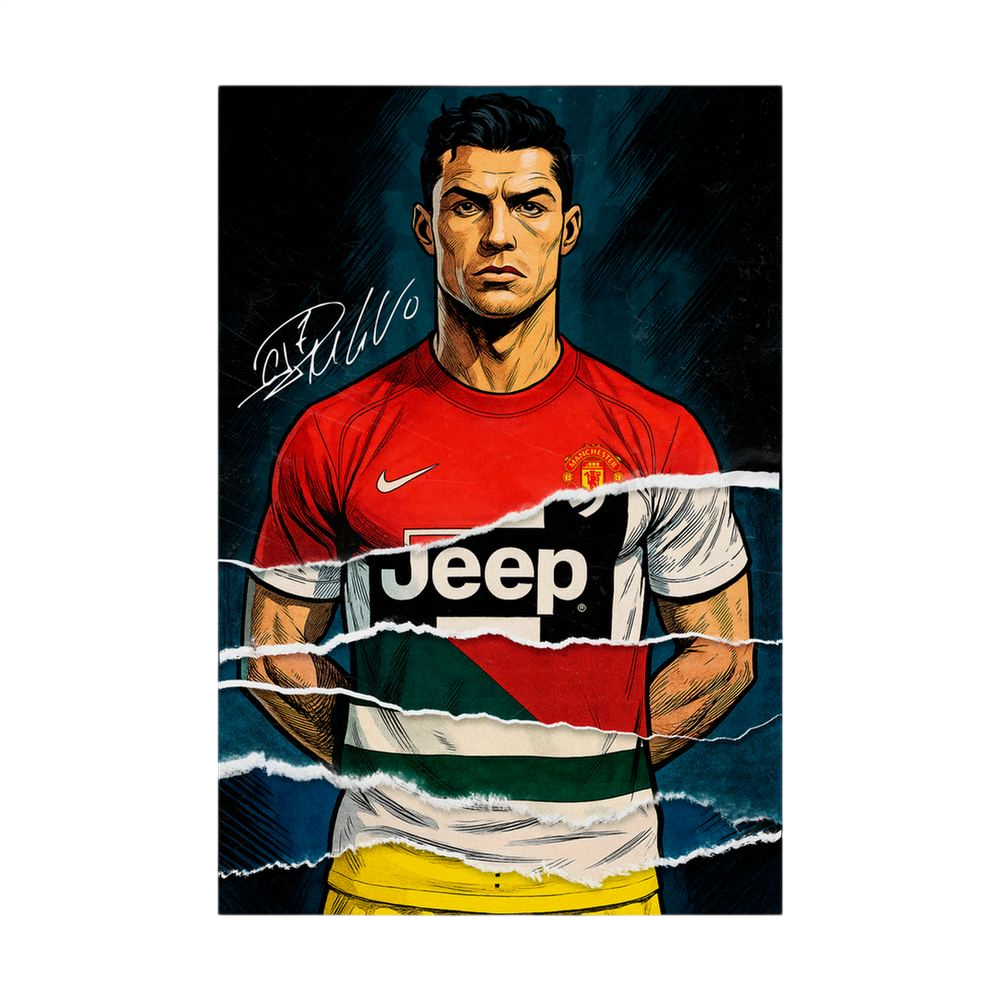 Red football portrait with club and national colour layers, shown unframed.