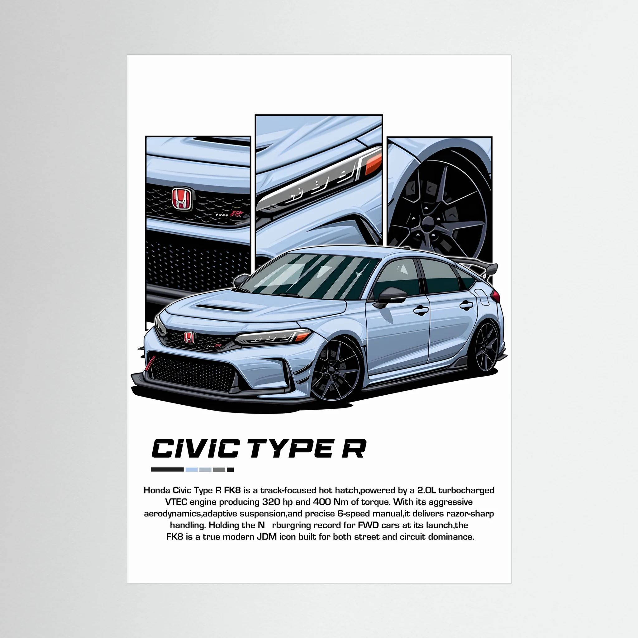 Blue Honda Civic Type R illustration with close-up panels of the grille, bodywork and wheel.