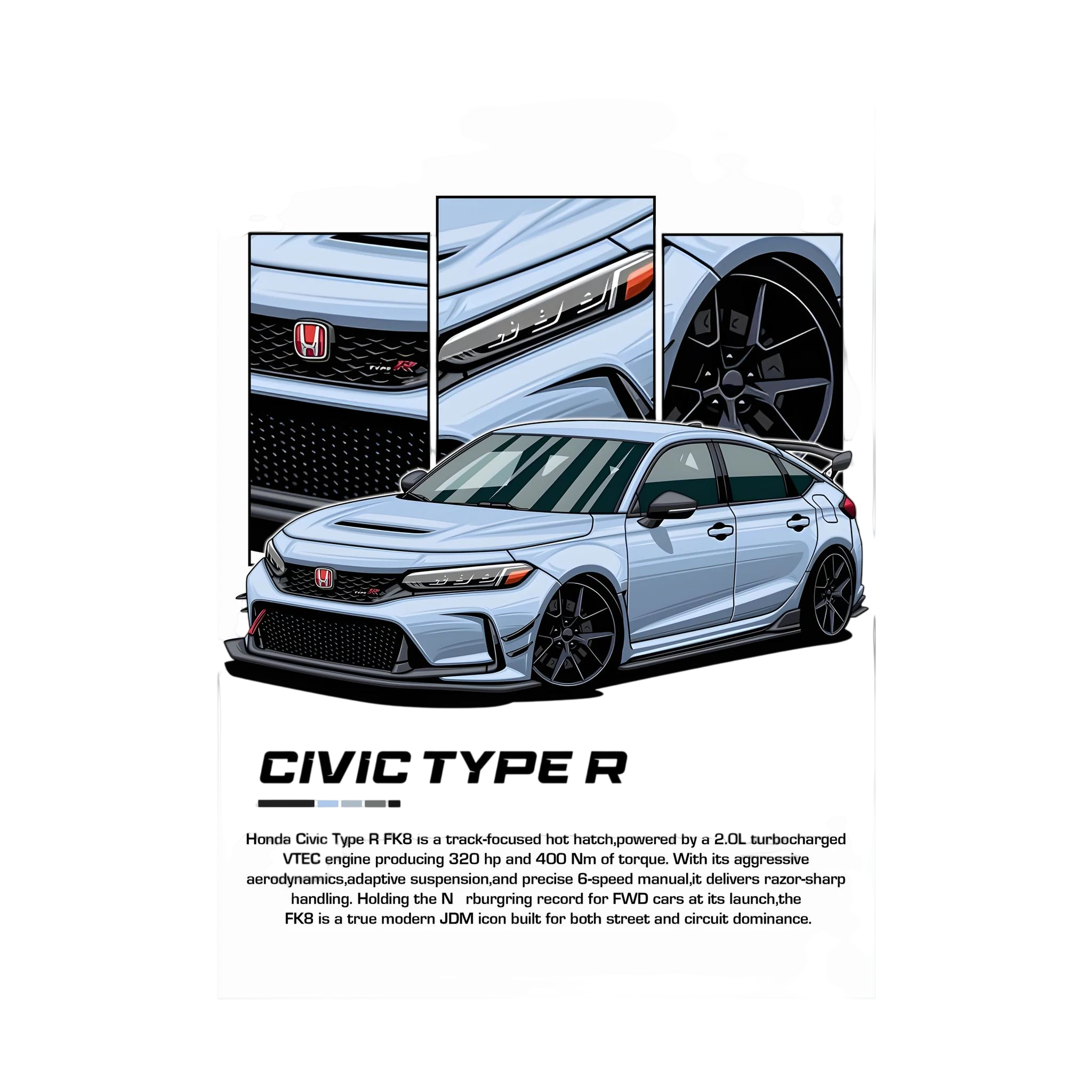 Blue Honda Civic Type R illustration with close-up panels of the grille, bodywork and wheel.