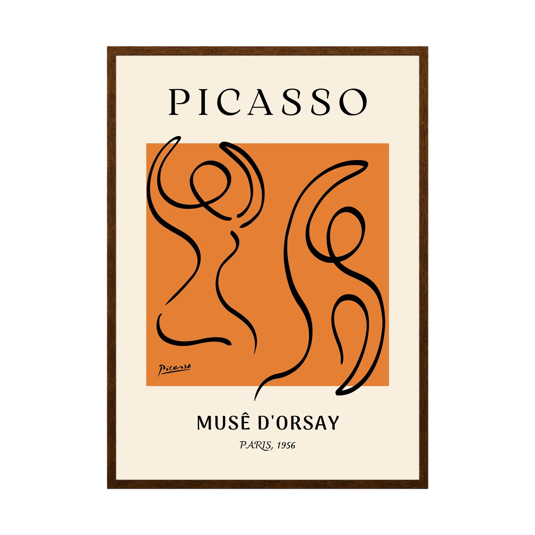 Two fluid black line figures dance across a vivid orange field within a cream museum-style poster, shown in product view 4.