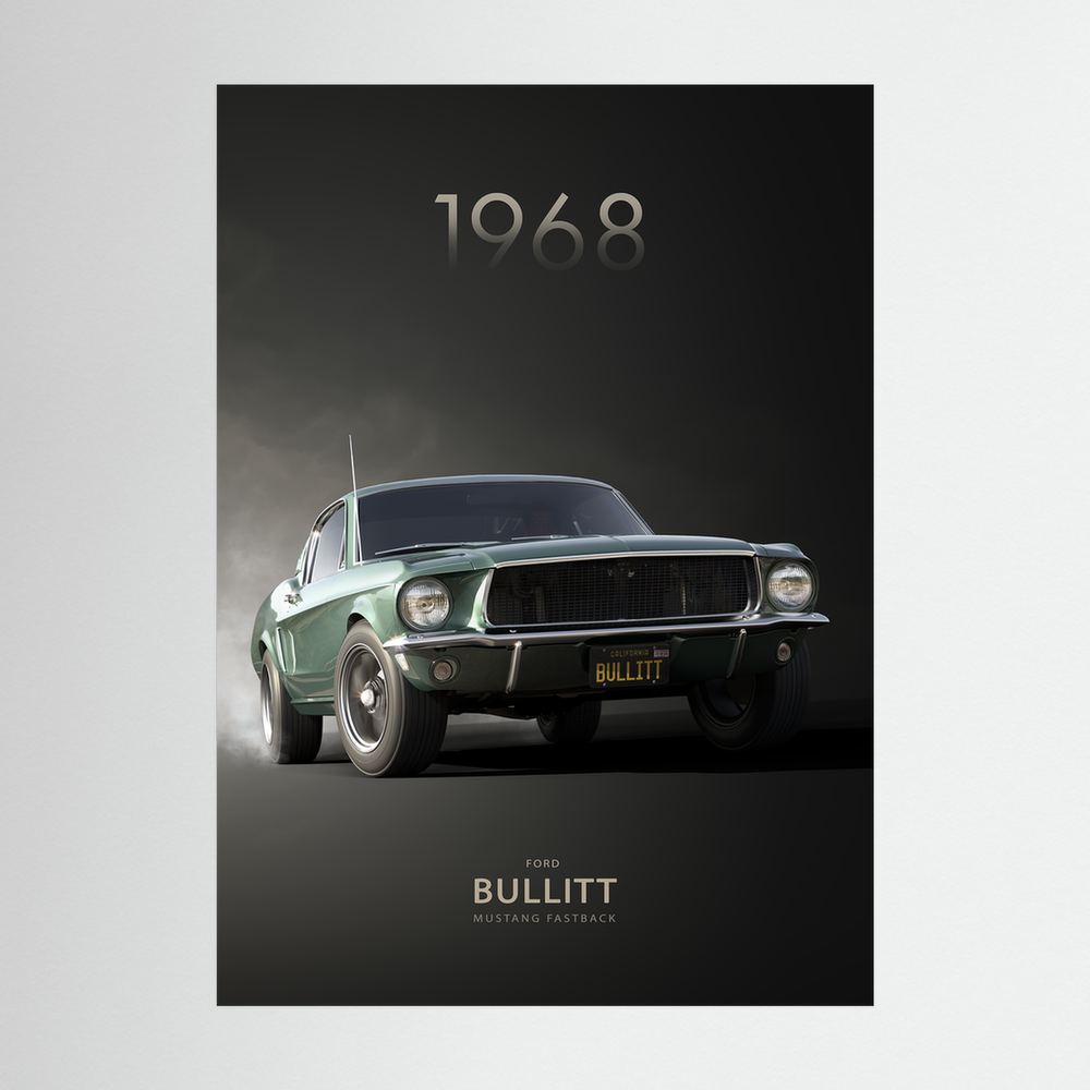 Green 1968 Bullitt-style classic car on a dark background.