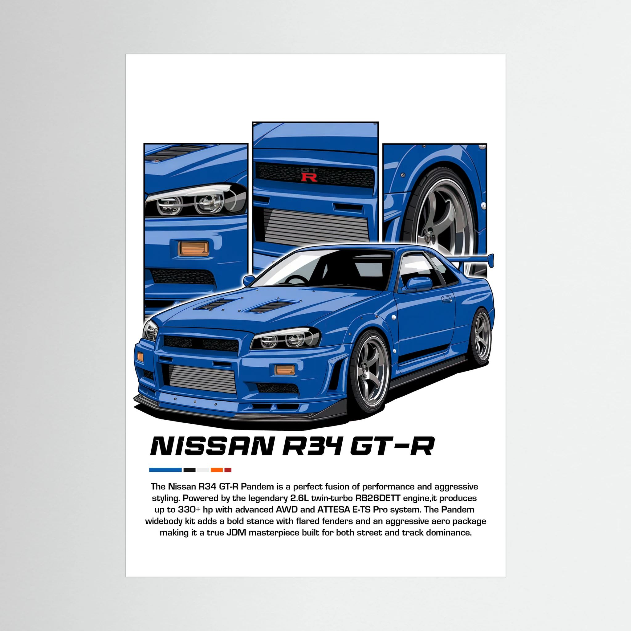 Blue Nissan R34 GT-R illustration with close-up panels of the car details.