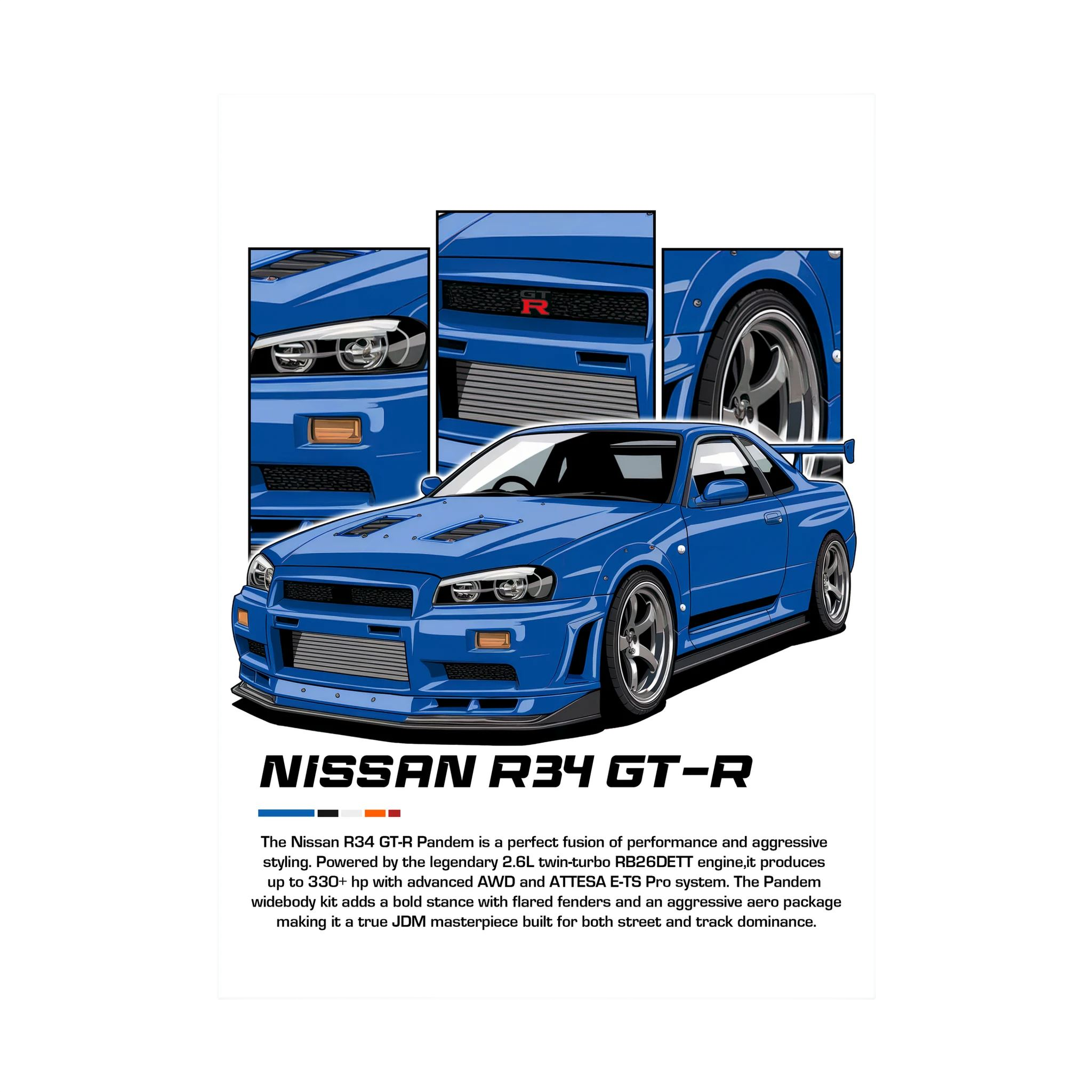 Blue Nissan R34 GT-R illustration with close-up panels of the car details.