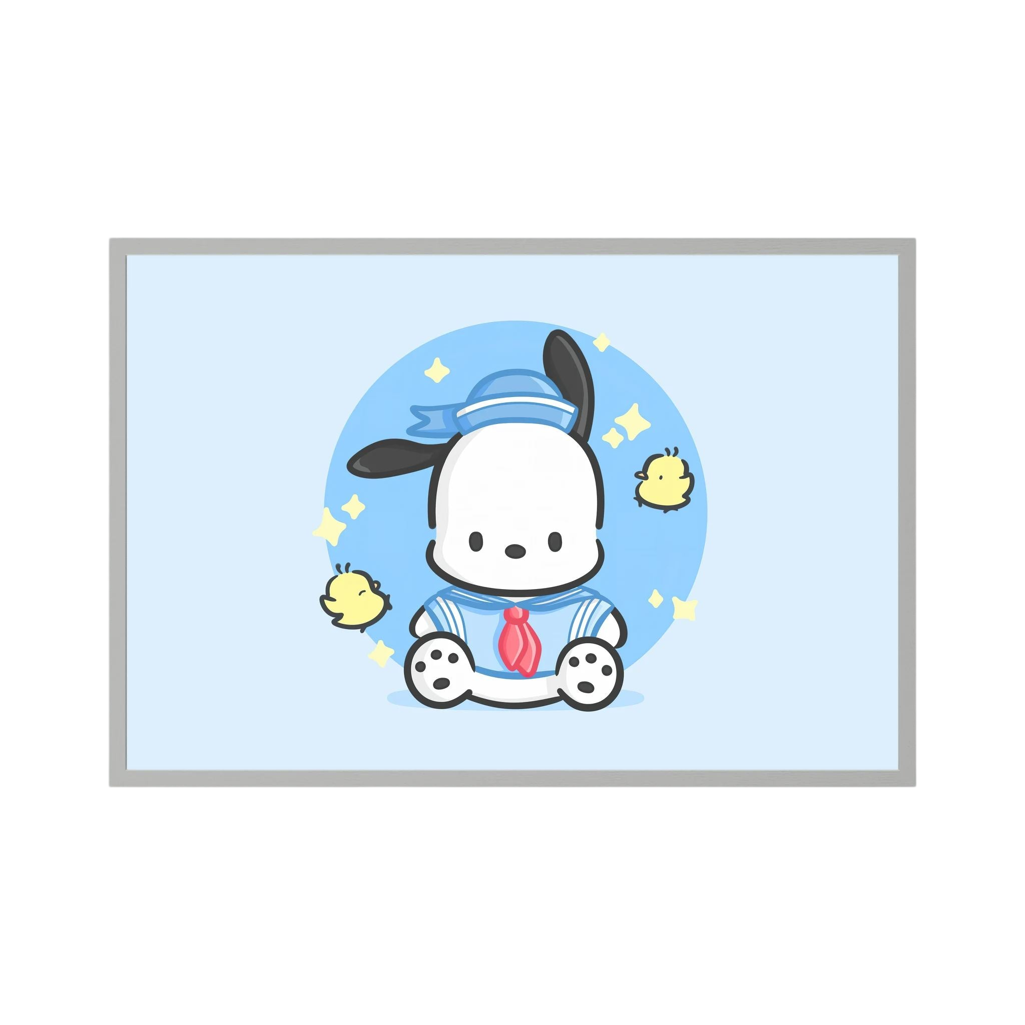 Cute white puppy in a blue sailor outfit sits among tiny yellow birds on a pale blue background, shown in product view 4.