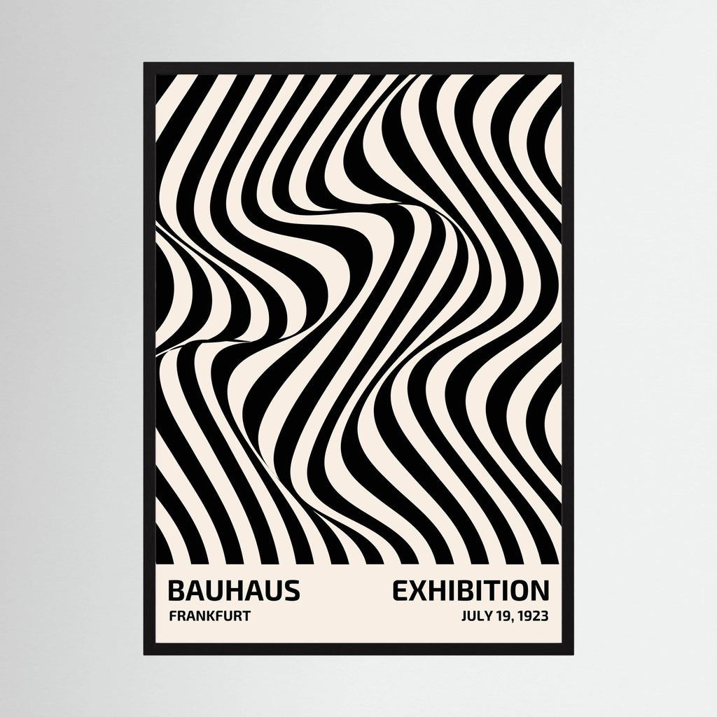 Black and white striped optical pattern flowing in curved waves.