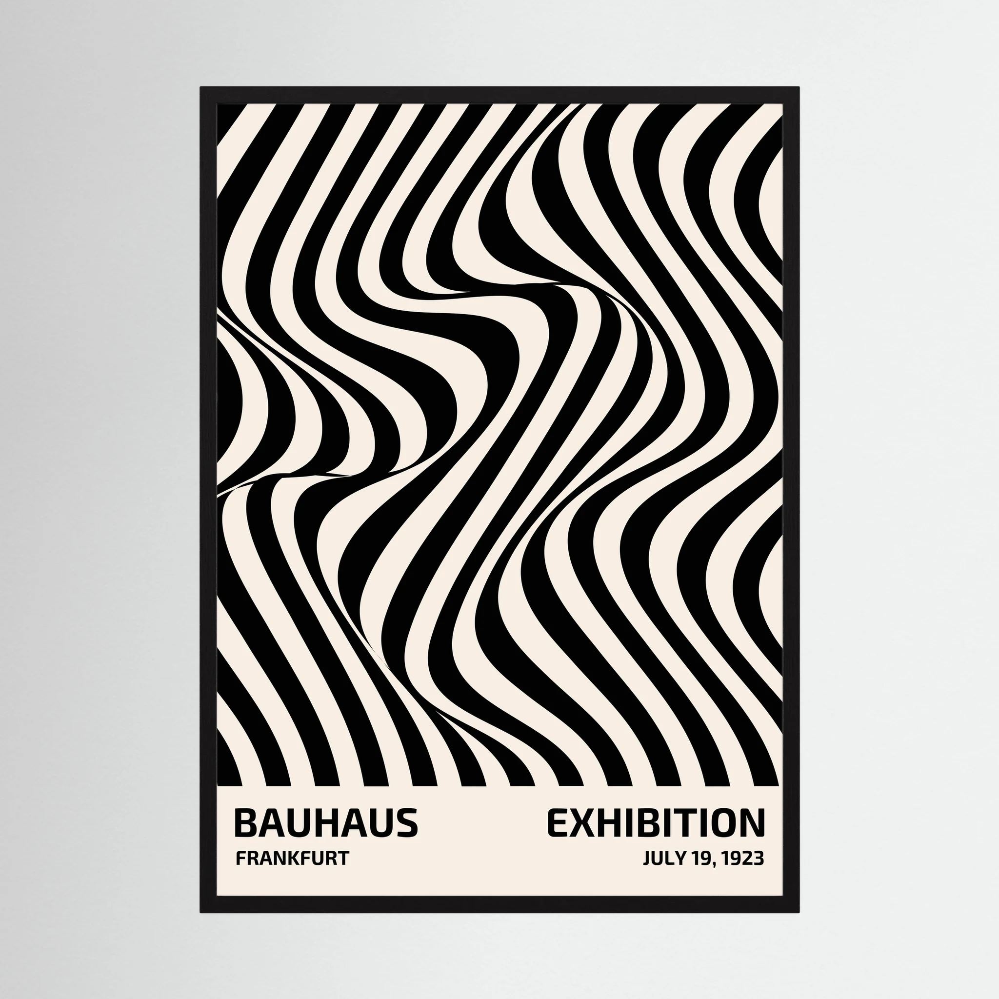 Black and white striped optical pattern flowing in curved waves.