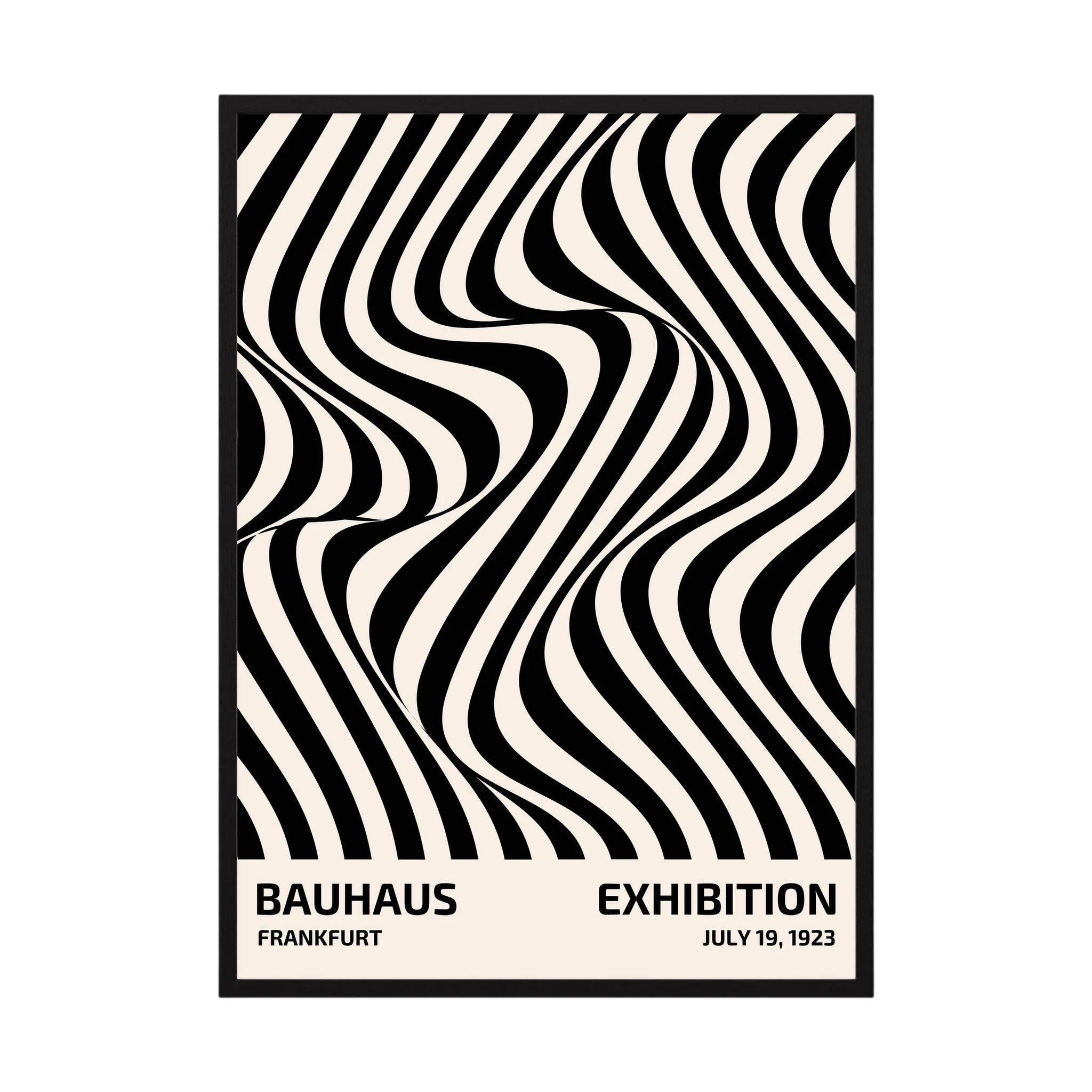 Black and white striped optical pattern flowing in curved waves.
