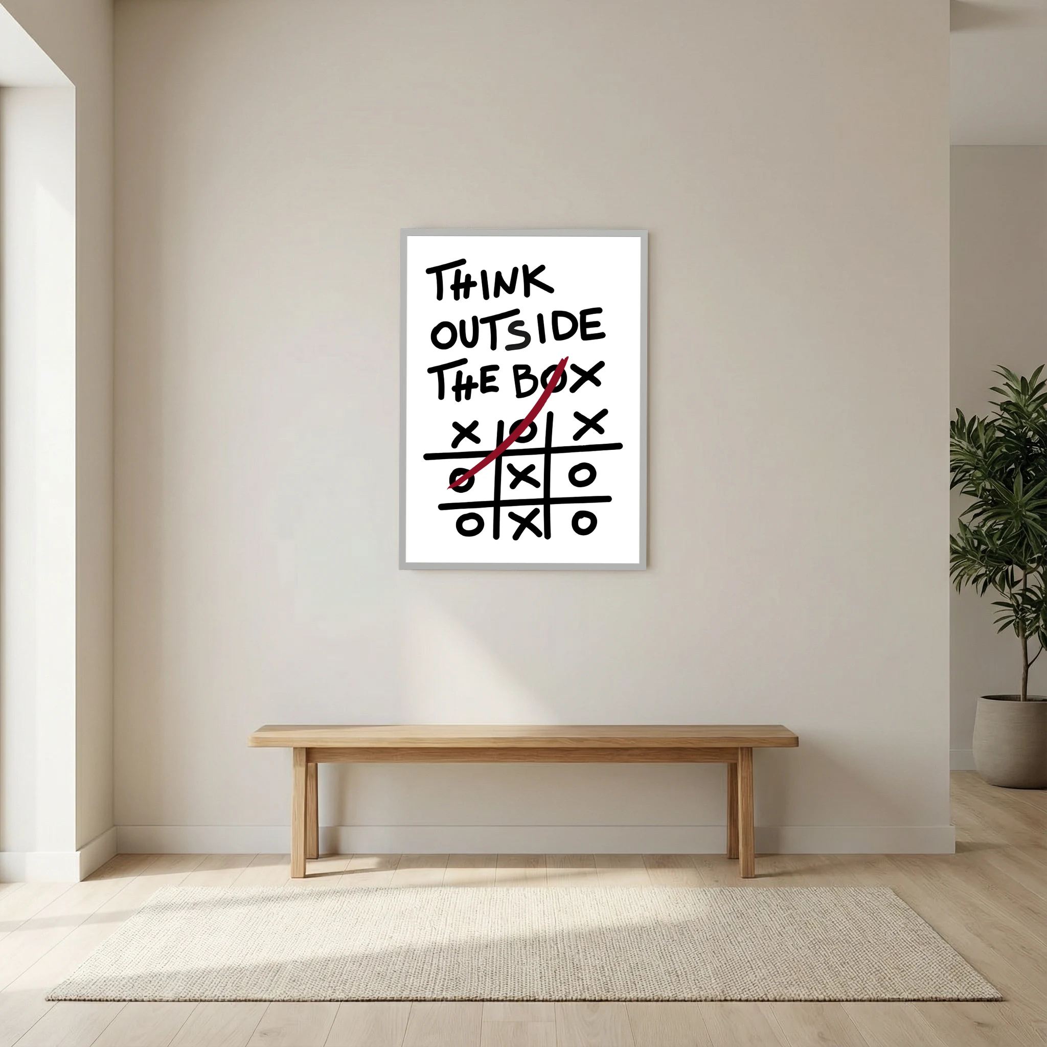 Hand-drawn think outside the box quote above a noughts-and-crosses grid with a red winning line, shown in product view 7.