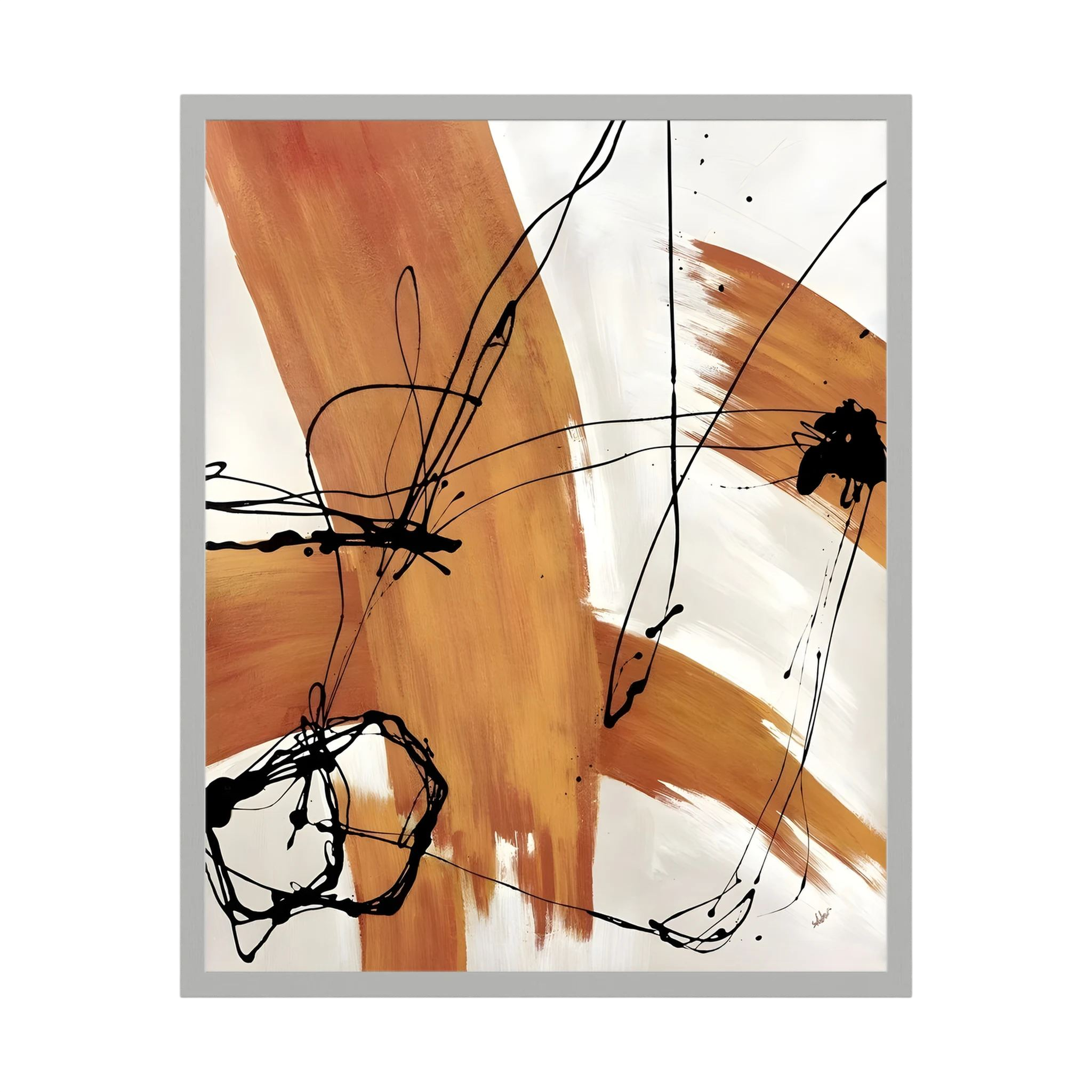 Sienna and white brushstrokes crossed by loose black ink lines in an abstract composition, shown in product view 3.