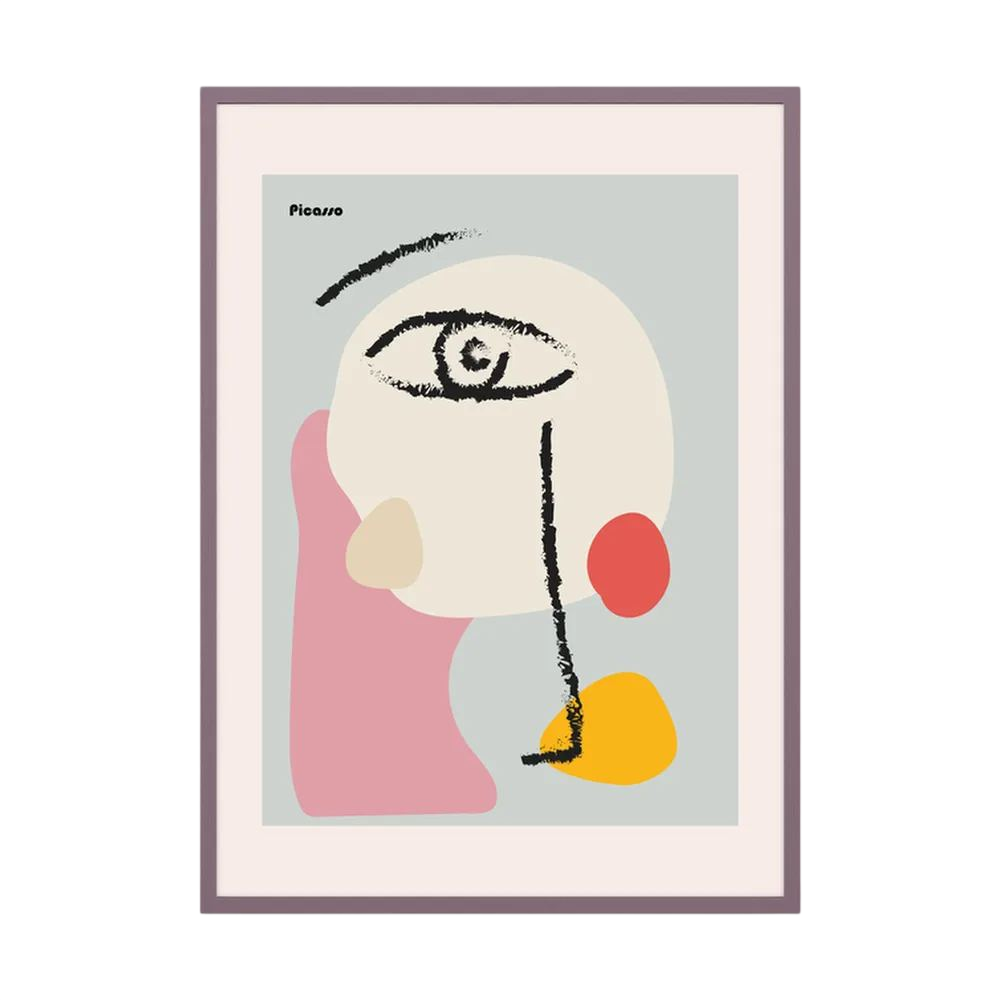 Abstract face reduced to a single eye and black brush marks over soft pink, cream, coral and yellow shapes, shown in product view 3.