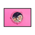 Woman in a metallic astronaut suit looks through a circular porthole set in a vivid pink field, shown in product view 2.