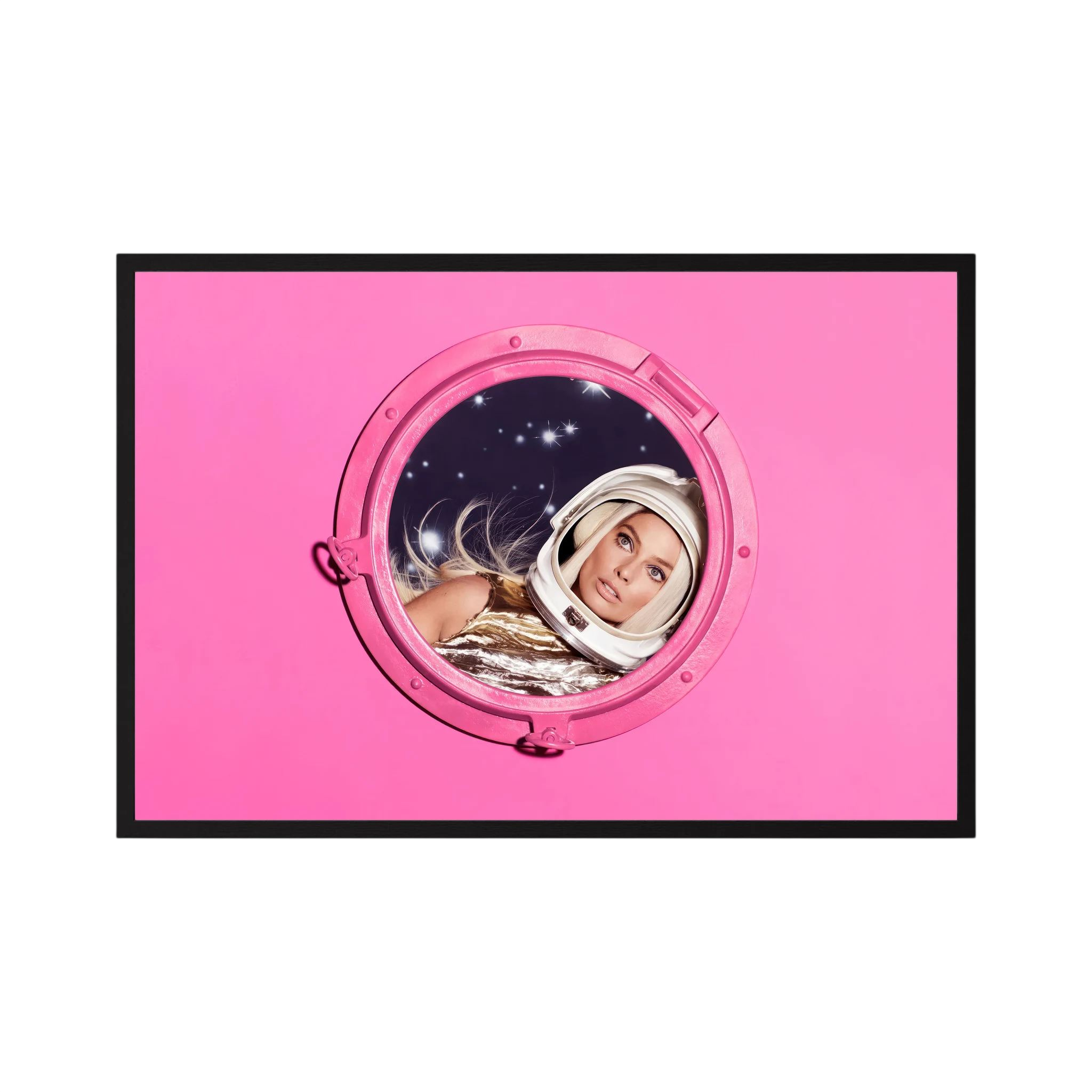 Woman in a metallic astronaut suit looks through a circular porthole set in a vivid pink field, shown in product view 2.