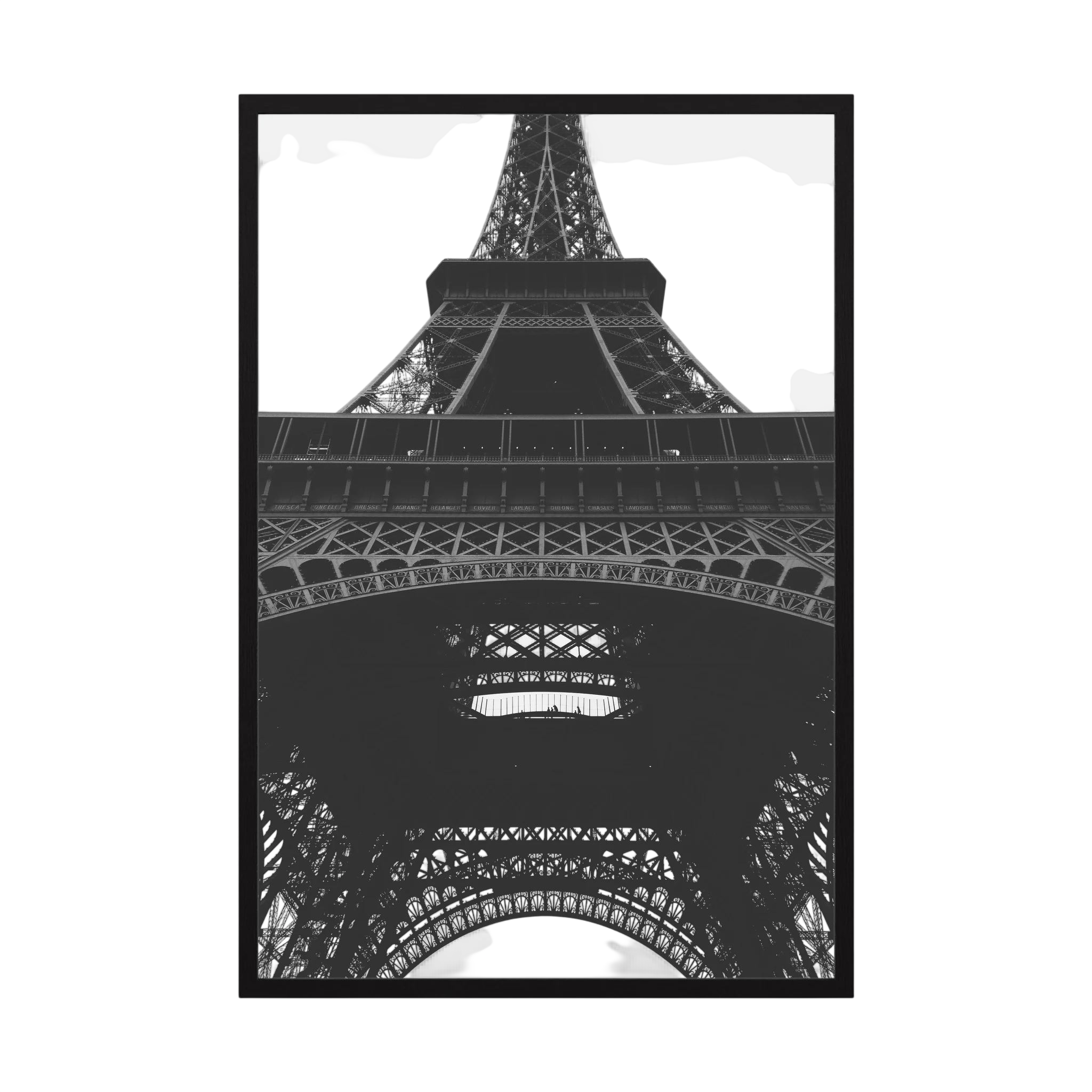 Black and white view looking upward through the iron structure of the Eiffel Tower.