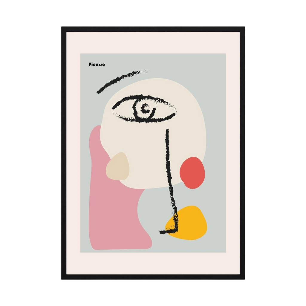 Abstract face reduced to a single eye and black brush marks over soft pink, cream, coral and yellow shapes, shown in product view 2.