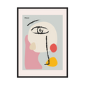 Abstract face reduced to a single eye and black brush marks over soft pink, cream, coral and yellow shapes, shown in product view 2.