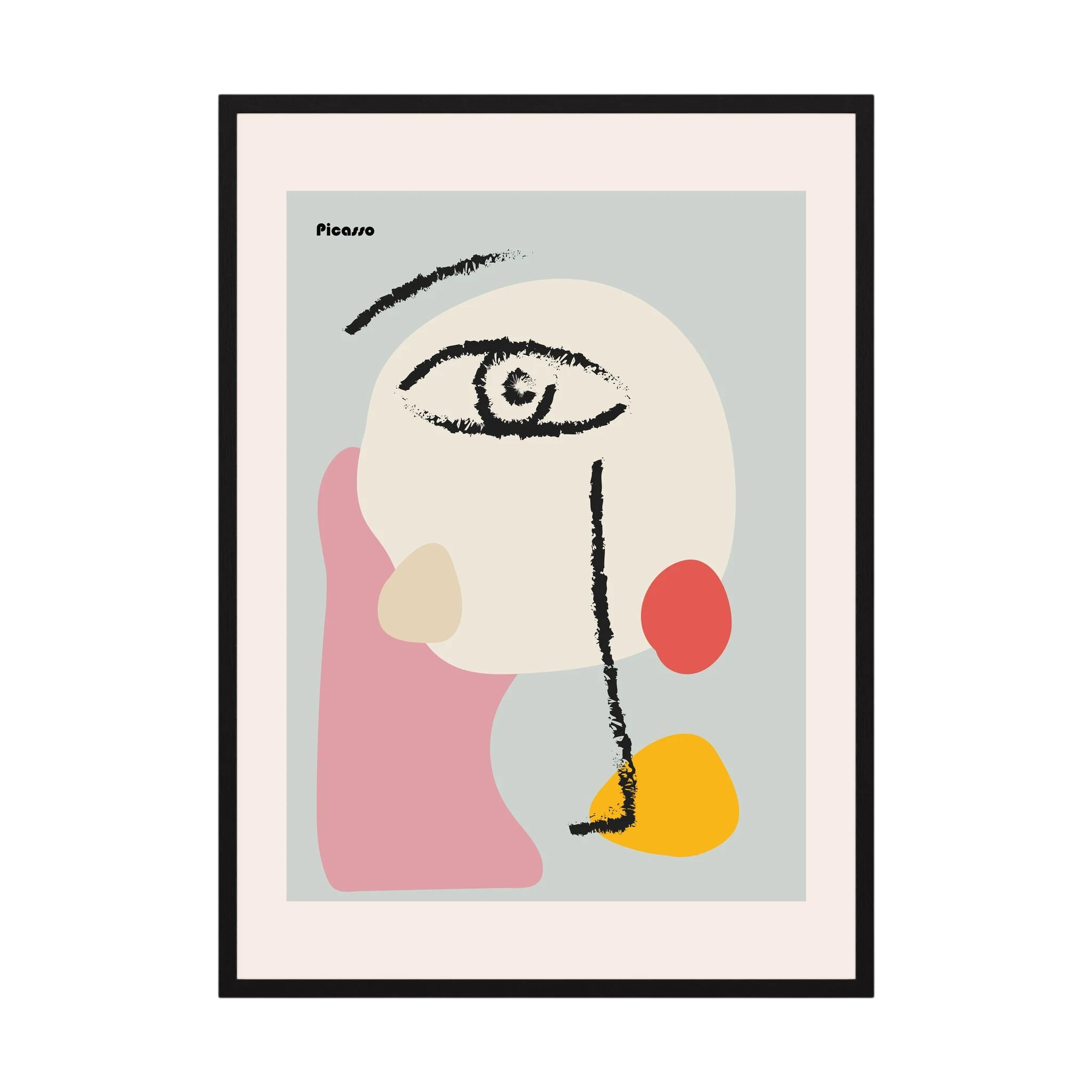 Abstract face reduced to a single eye and black brush marks over soft pink, cream, coral and yellow shapes, shown in product view 2.