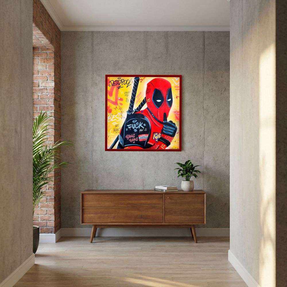 Red and yellow comic antihero pop art, shown in a red wooden frame.