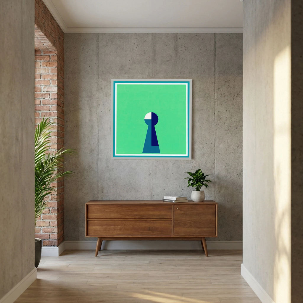 Minimal keyhole form in deep blue and white centred on a luminous green field, shown in product view 7.