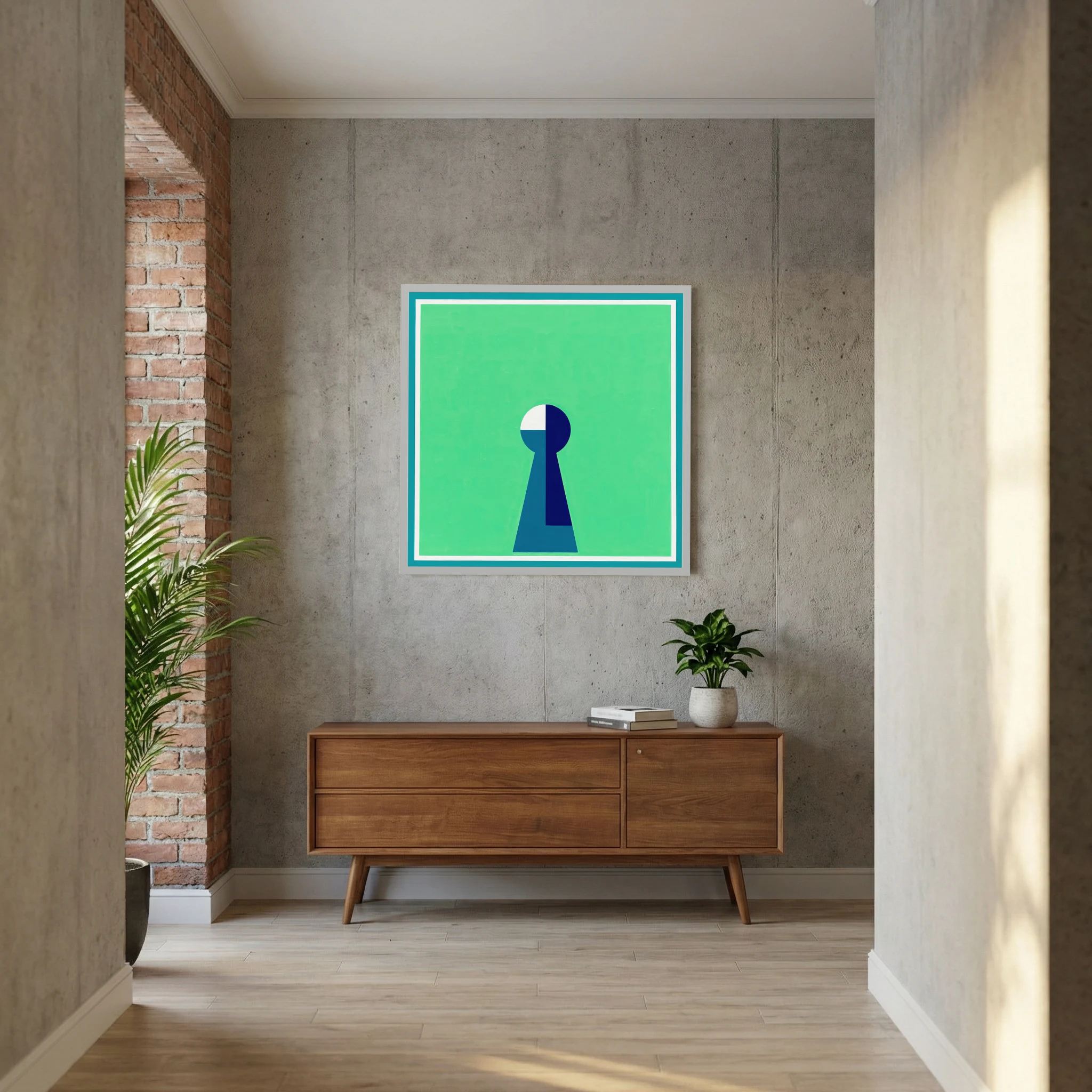 Minimal keyhole form in deep blue and white centred on a luminous green field, shown in product view 7.
