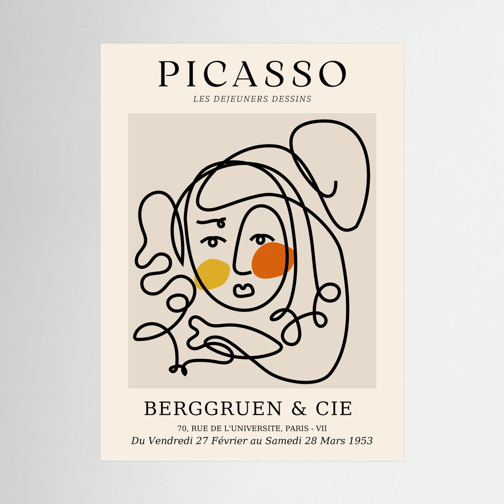 Loose black contour lines form a woman's face with warm yellow and orange circular accents.