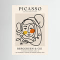 Loose black contour lines form a woman's face with warm yellow and orange circular accents.