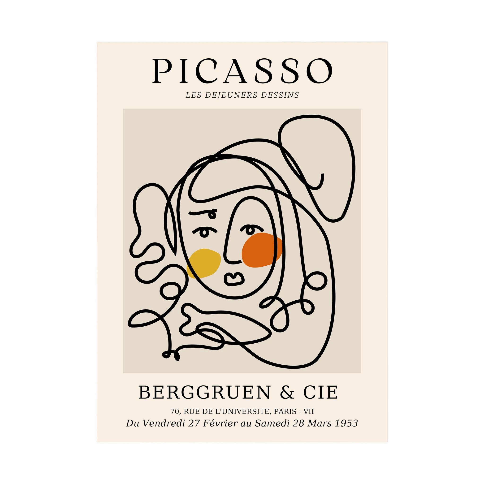Loose black contour lines form a woman's face with warm yellow and orange circular accents.