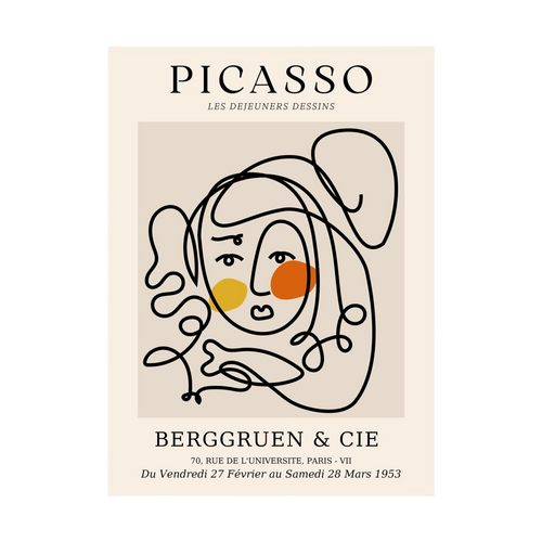 Loose black contour lines form a woman's face with warm yellow and orange circular accents.