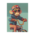 Pixel-art monkey riding a bicycle, helmet and sunglasses, muted teal background.